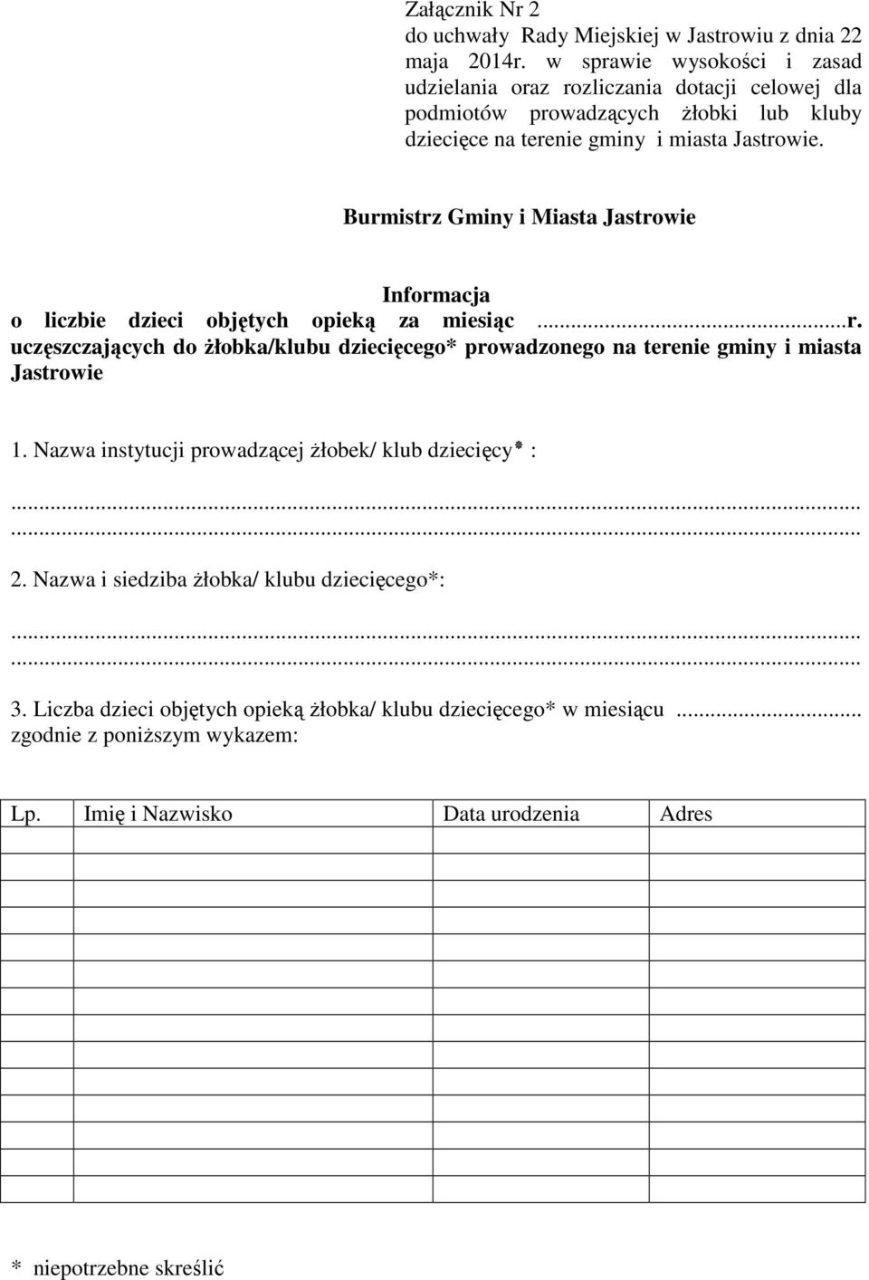 Burmistrz Gminy i Miasta Jastrowie Informacja o liczbie dzieci objętych opieką za miesiąc...r. uczęszczających do Ŝłobka/klubu dziecięcego* prowadzonego na terenie gminy i miasta Jastrowie : dziecięcy 1.