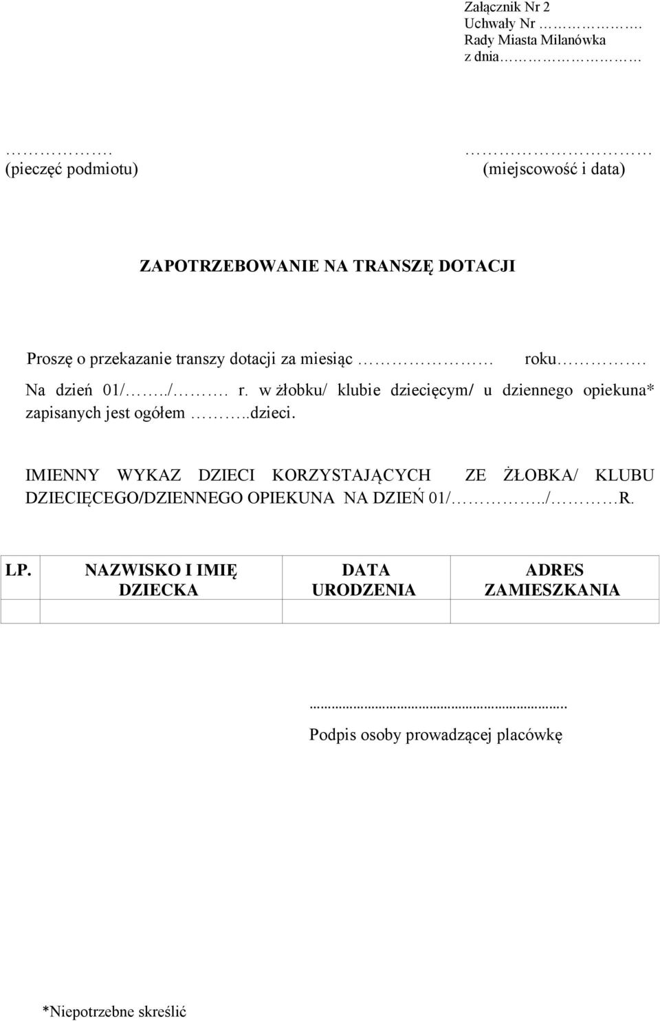 roku. Na dzień 01/../. r. w żłobku/ klubie dziecię