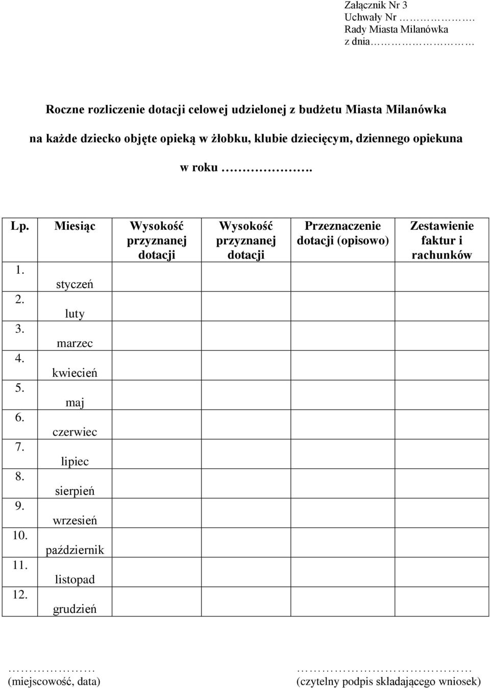 dziecięcym, dziennego opiekuna w roku. Lp. Miesiąc Wysokość przyznanej dotacji 1. styczeń 2. luty 3. marzec 4. kwiecień 5. maj 6.