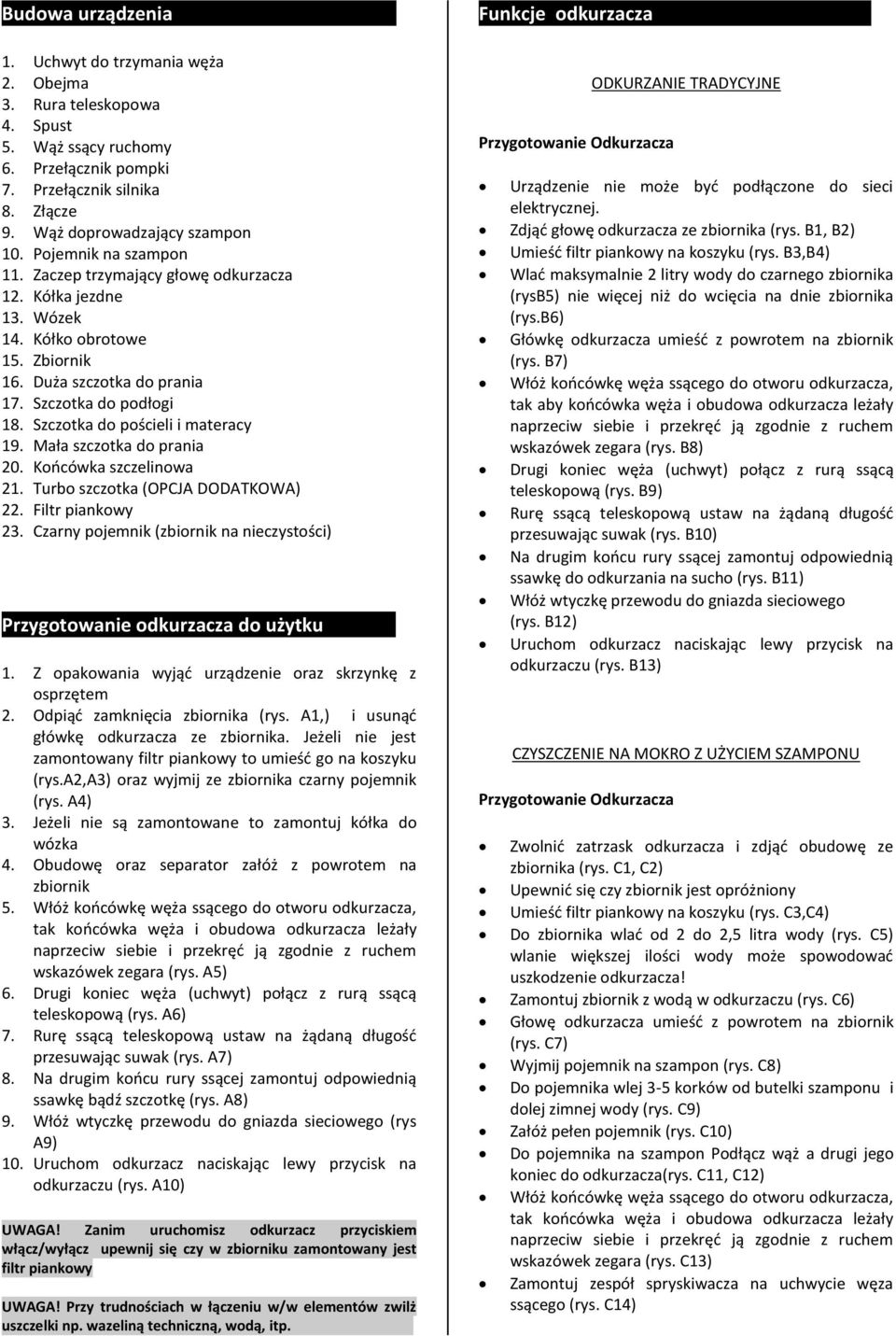 Szczotka do pościeli i materacy 19. Mała szczotka do prania 20. Końcówka szczelinowa 21. Turbo szczotka (OPCJA DODATKOWA) 22. Filtr piankowy 23.