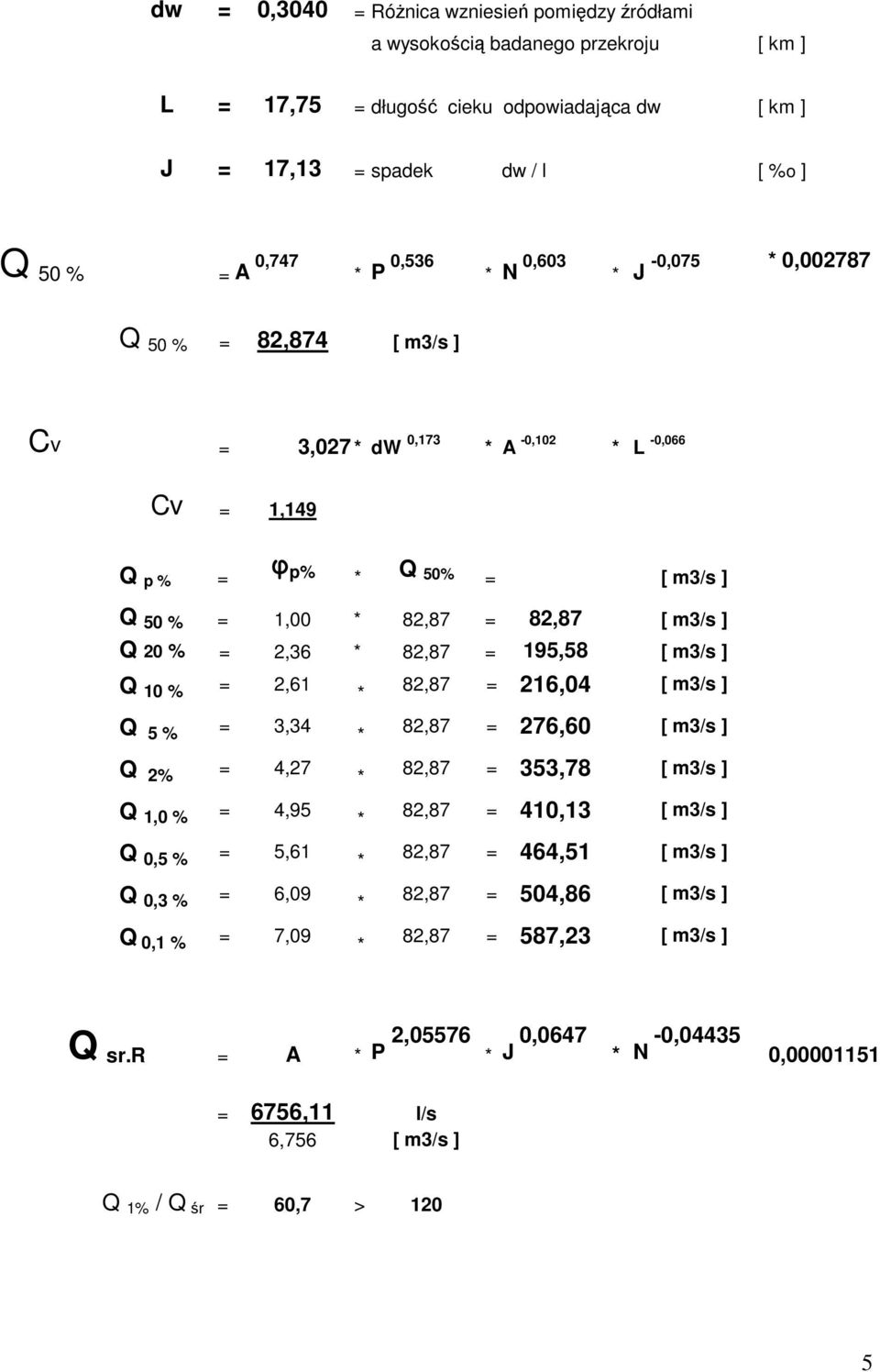 195,58 [ m3/s ] Q 10 % = 2,61 Q 5 % = 3,34 Q 2% = 4,27 Q 1,0 % = 4,95 Q 0,5 % = 5,61 Q 0,3 % = 6,09 Q 0,1 % = 7,09 82,87 = 216,04 [ m3/s ] 82,87 = 276,60 [ m3/s ] 82,87 = 353,78 [ m3/s ] 82,87