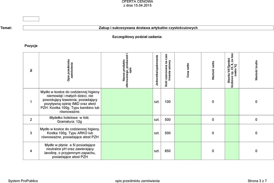 23, 8, zw bez znaku %] Wartość brutto Mydło w kostce do codziennej higieny niemowląt i małych dzieci, nie 1 powodujący łzawienia, posiadający pozytywną opinię IMiD oraz atest szt. 100 0 0 PZH.