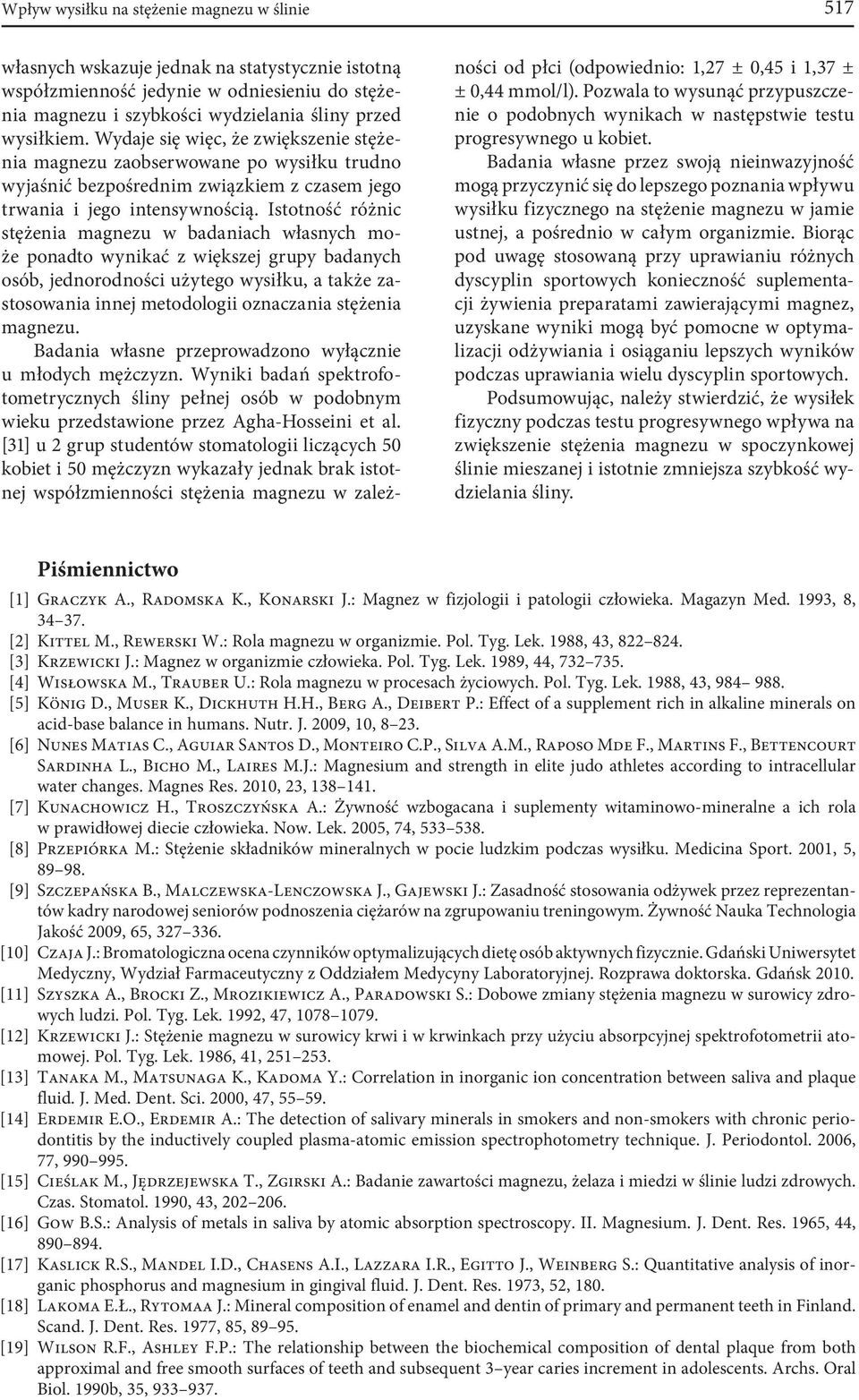Istotność różnic stężenia magnezu w badaniach własnych może ponadto wynikać z większej grupy badanych osób, jednorodności użytego wysiłku, a także zastosowania innej metodologii oznaczania stężenia