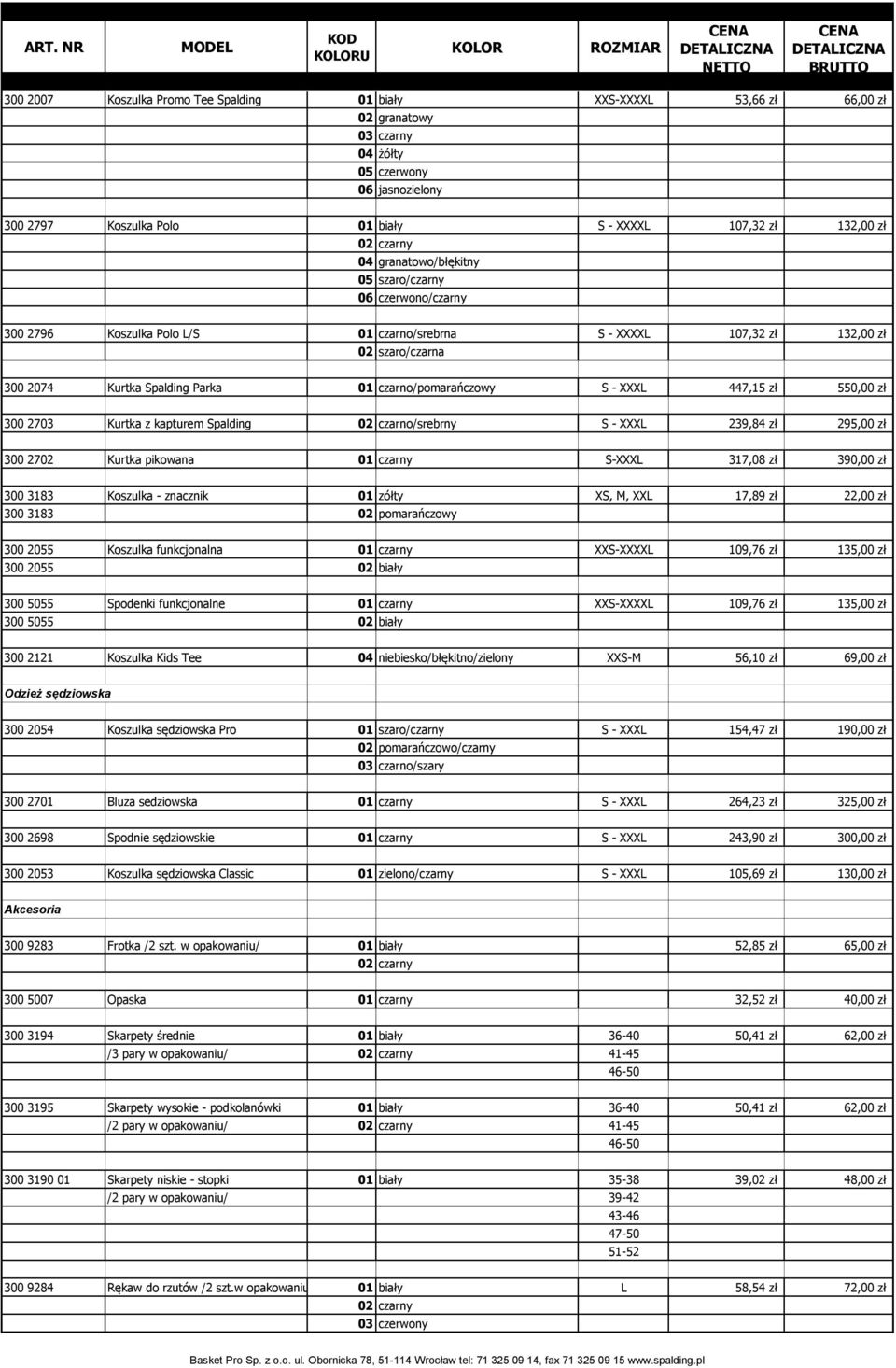 2074 Kurtka Spalding Parka 01 czarno/pomarańczowy S - XXXL 447,15 zł 550,00 zł 300 2703 Kurtka z kapturem Spalding 02 czarno/srebrny S - XXXL 239,84 zł 295,00 zł 300 2702 Kurtka pikowana 01 czarny