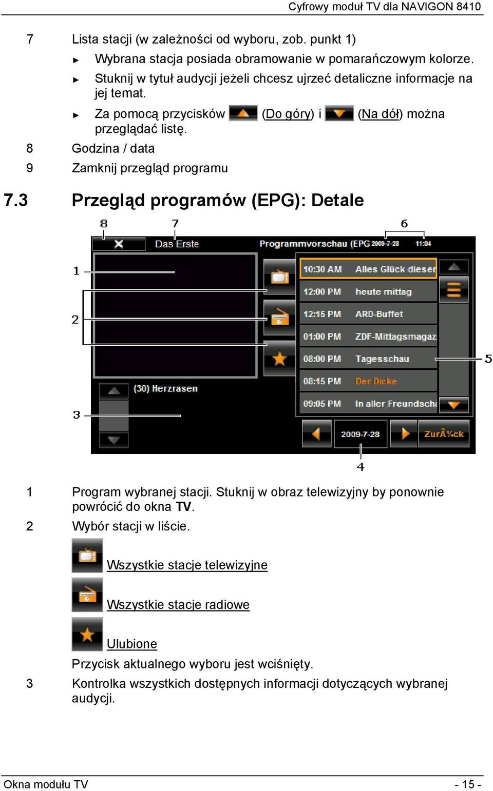 8 Godzina / data 9 Zamknij przegląd programu 7.3 Przegląd programów (EPG): Detale 1 Program wybranej stacji.