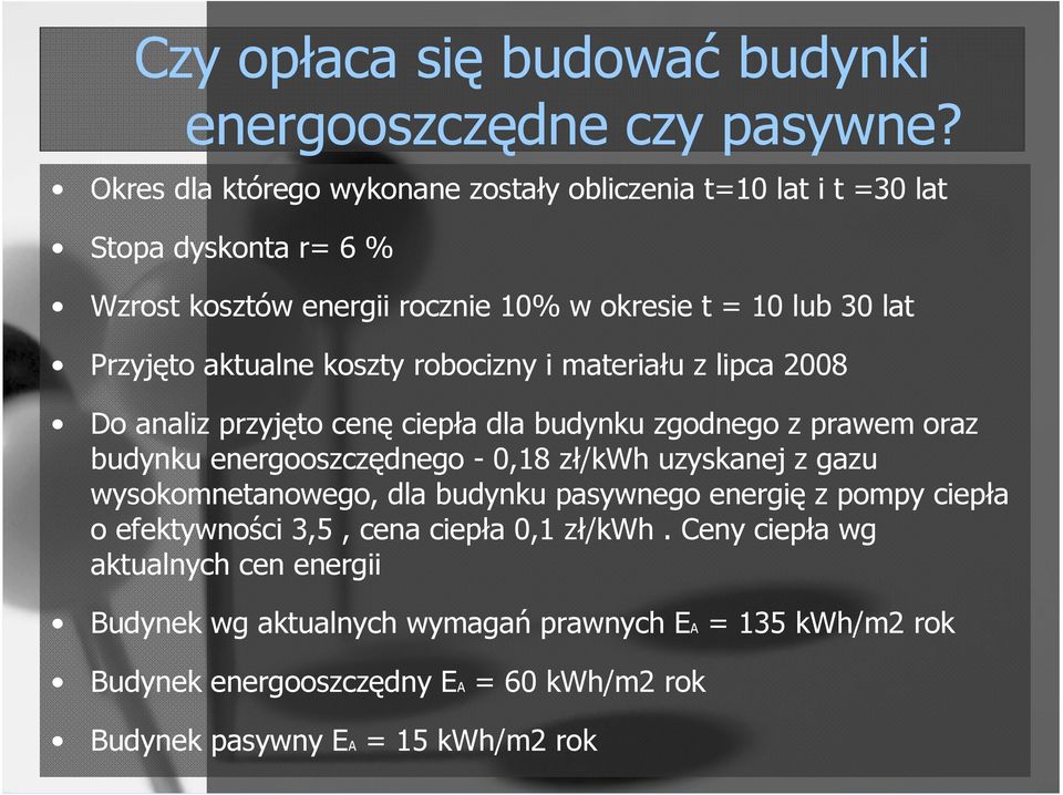 koszty robocizny i materiału z lipca 2008 Do analiz przyjęto cenę ciepła dla budynku zgodnego z prawem oraz budynku energooszczędnego - 0,18 zł/kwh uzyskanej z gazu