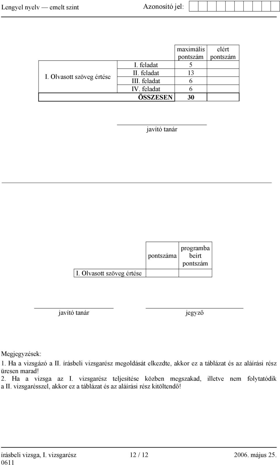 Olvasott szöveg értése pontszáma programba beírt pontszám javító tanár jegyző Megjegyzések: 1. Ha a vizsgázó a II.