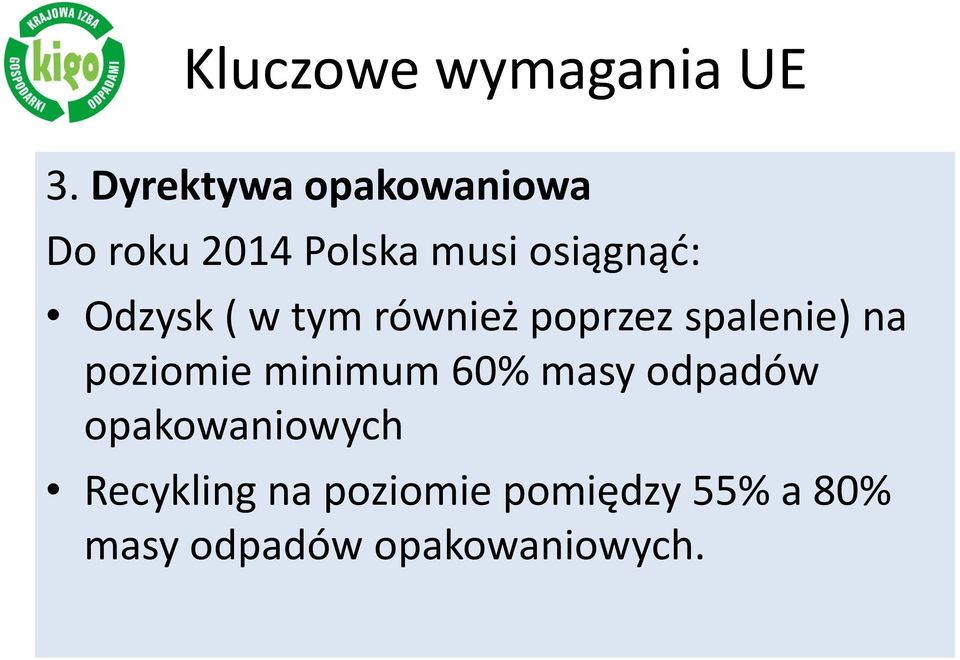 Odzysk ( w tym również poprzez spalenie) na poziomie minimum