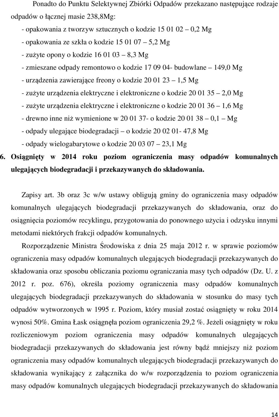 elektryczne i elektroniczne o kodzie 20 01 35 2,0 Mg - zużyte urządzenia elektryczne i elektroniczne o kodzie 20 01 36 1,6 Mg - drewno inne niż wymienione w 20 01 37- o kodzie 20 01 38 0,1 Mg -