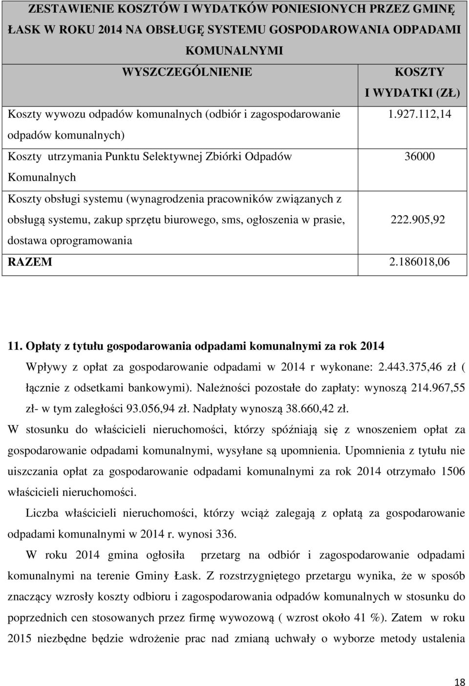 112,14 odpadów komunalnych) Koszty utrzymania Punktu Selektywnej Zbiórki Odpadów 36000 Komunalnych Koszty obsługi systemu (wynagrodzenia pracowników związanych z obsługą systemu, zakup sprzętu