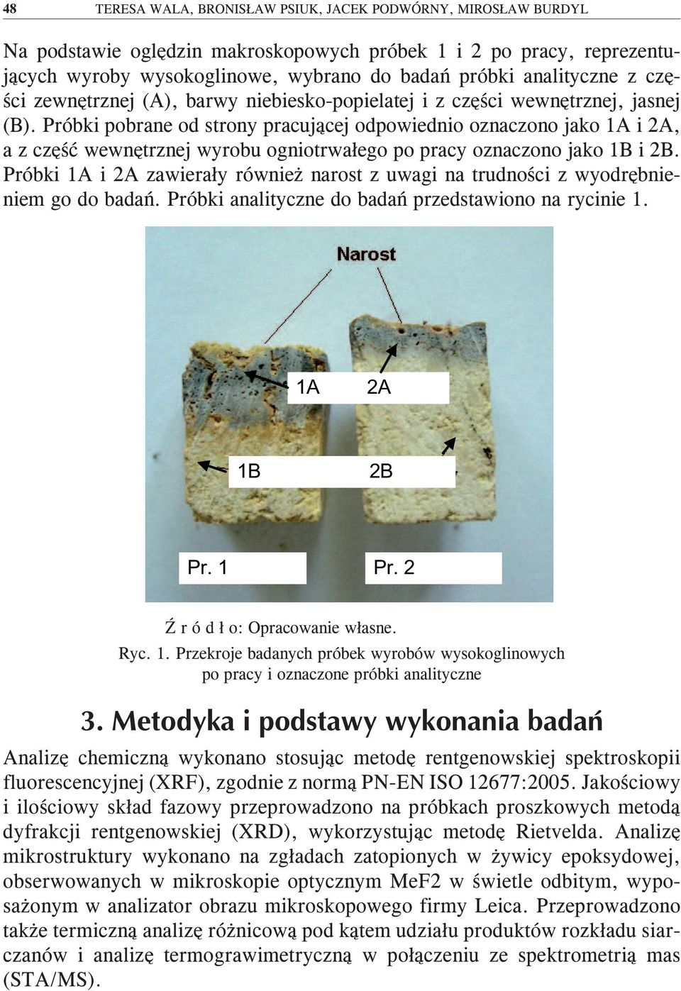 Próbki pobrane od strony pracującej odpowiednio oznaczono jako 1A i 2A, a z część wewnętrznej wyrobu ogniotrwałego po pracy oznaczono jako 1B i 2B.