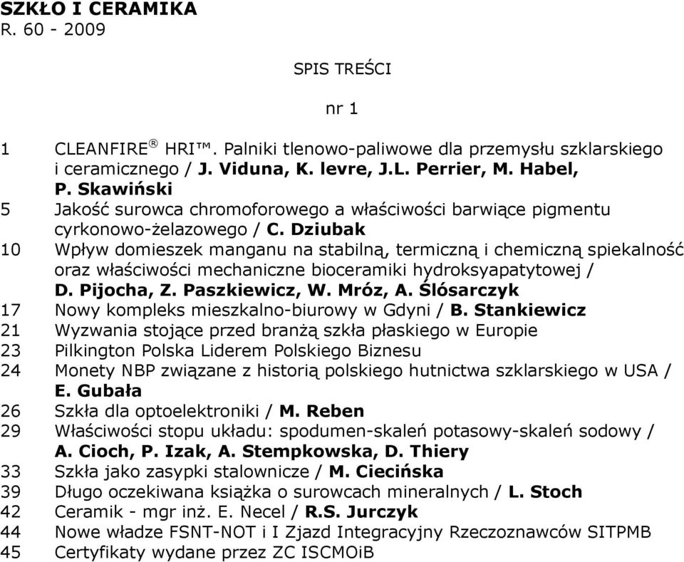 Dziubak 10 Wpływ domieszek manganu na stabilną, termiczną i chemiczną spiekalność oraz właściwości mechaniczne bioceramiki hydroksyapatytowej / D. Pijocha, Z. Paszkiewicz, W. Mróz, A.