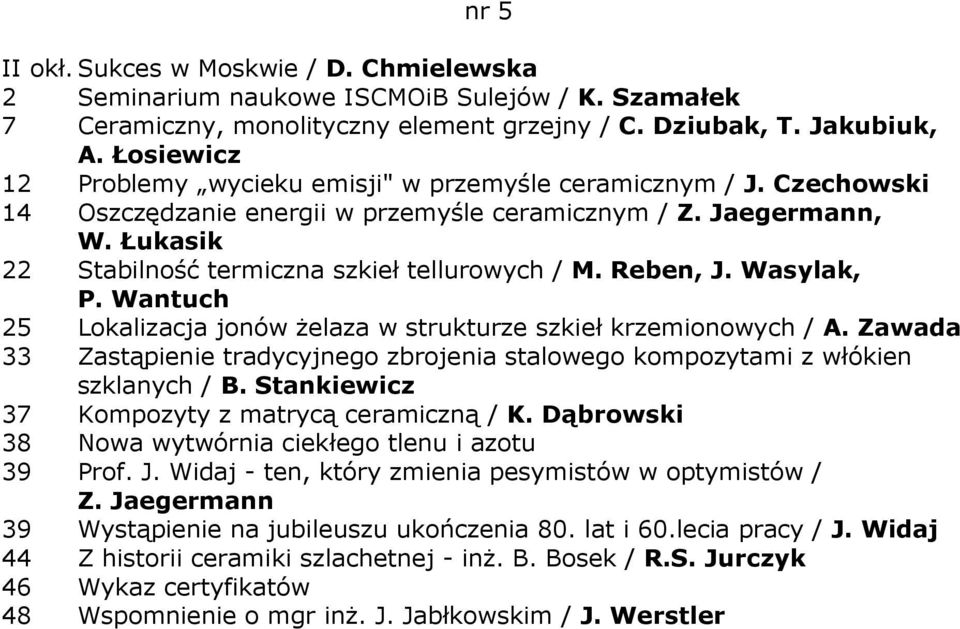 Łukasik 22 Stabilność termiczna szkieł tellurowych / M. Reben, J. Wasylak, P. Wantuch 25 Lokalizacja jonów Ŝelaza w strukturze szkieł krzemionowych / A.