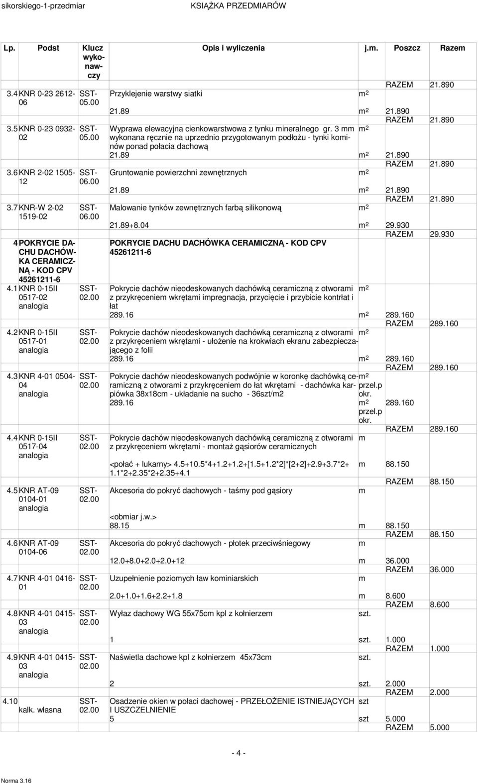 . Poszcz Raze Przyklejenie warstwy siatki 2 21.89 2 21.890 Wyprawa elewacyjna cienkowarstwowa z tynku ineralnego gr.