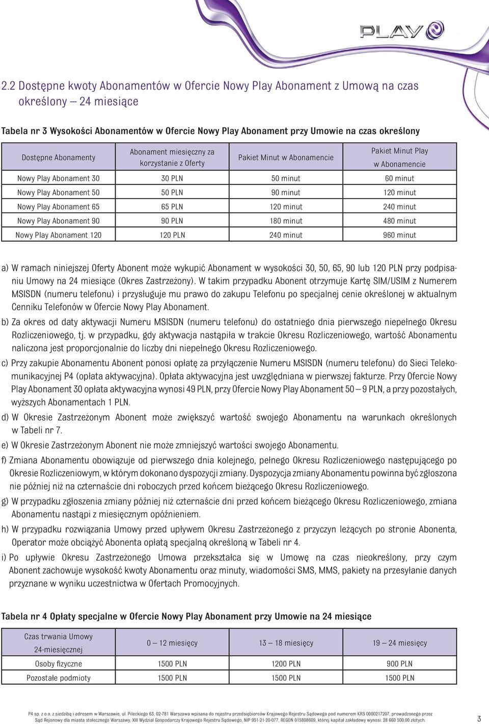 PLN 90 minut 120 minut Nowy Play Abonament 65 65 PLN 120 minut 240 minut Nowy Play Abonament 90 90 PLN 180 minut 480 minut Nowy Play Abonament 120 120 PLN 240 minut 960 minut a) W ramach niniejszej