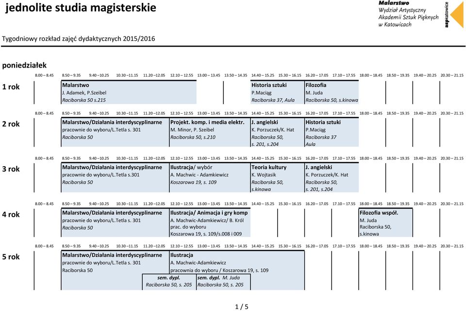 210 Raciborska 50, Raciborska 37 s. 201, s.204 Aula C C C C Malarstwo/Działania interdyscyplinarne Ilustracja/ wybór Teoria kultury J. angielski pracownie do wyboru/l.tetla s.301 A.