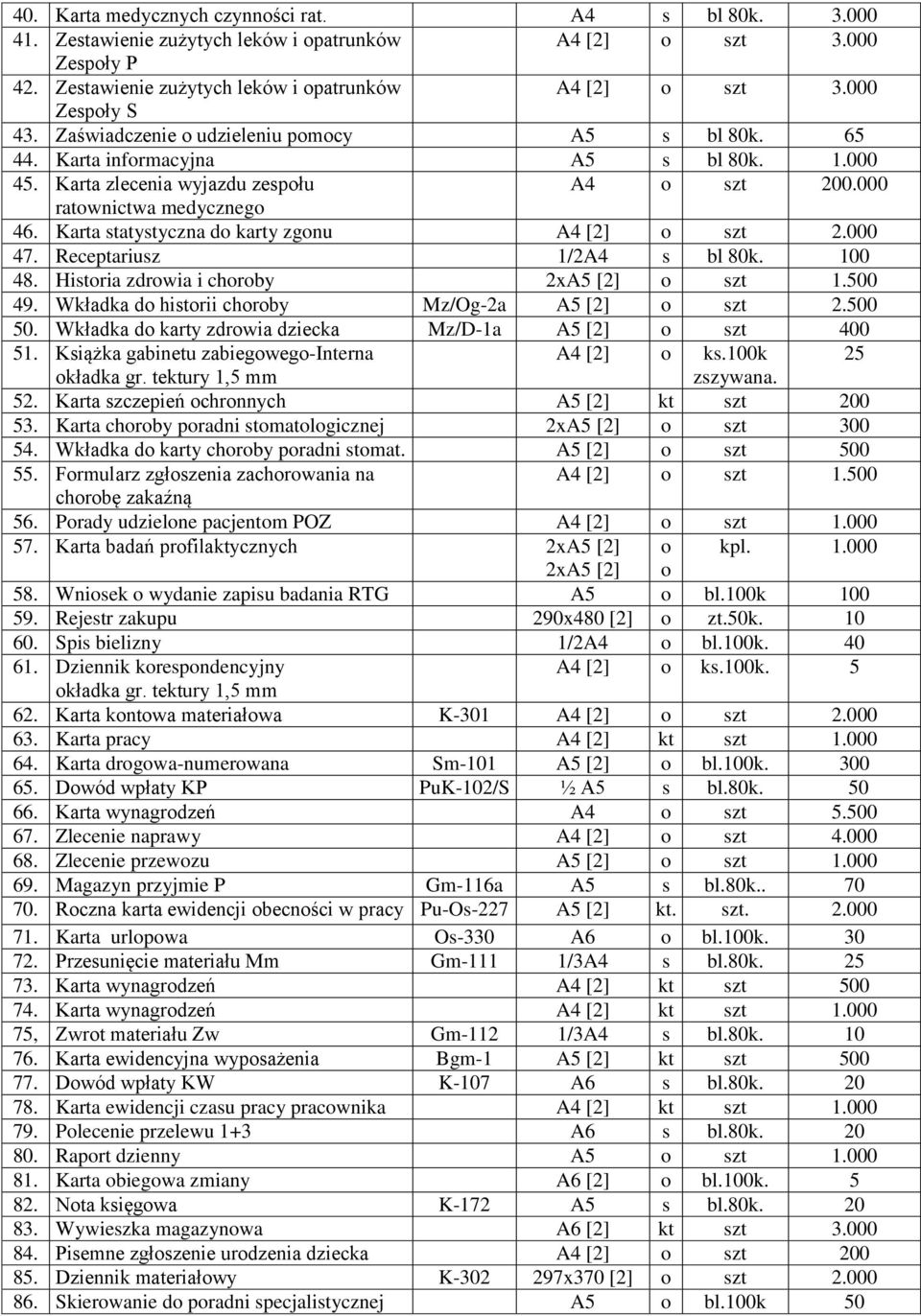 Karta statystyczna do karty zgonu A4 [2] o szt 2.000 47. Receptariusz 1/2A4 s bl 80k. 100 48. Historia zdrowia i choroby 2xA5 [2] o szt 1.500 49. Wkładka do historii choroby Mz/Og-2a A5 [2] o szt 2.