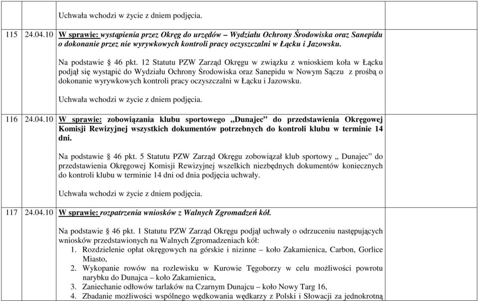 i Jazowsku. 116 24.04.10 W sprawie: zobowizania klubu sportowego Dunajec do przedstawienia Okrgowej Komisji Rewizyjnej wszystkich dokumentów potrzebnych do kontroli klubu w terminie 14 dni.