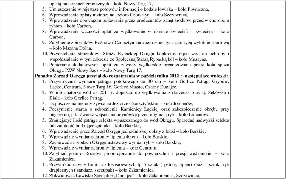 Wprowadzenie wanoci opłat za wdkowanie w okresie kwiecie kwiecie koło Carbon, 9. Zarybienie zbiorników Ronów i Czorsztyn karasiem złocistym jako ryb wybitnie sportow koło Mszana Dolna, 10.