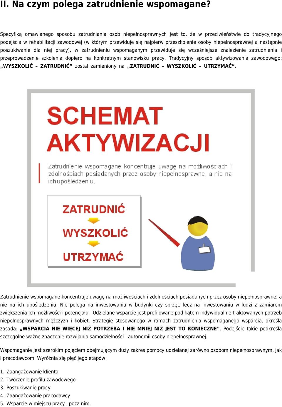 osoby niepełnosprawnej a następnie poszukiwanie dla niej pracy), w zatrudnieniu wspomaganym przewiduje się wcześniejsze znalezienie zatrudnienia i przeprowadzenie szkolenia dopiero na konkretnym