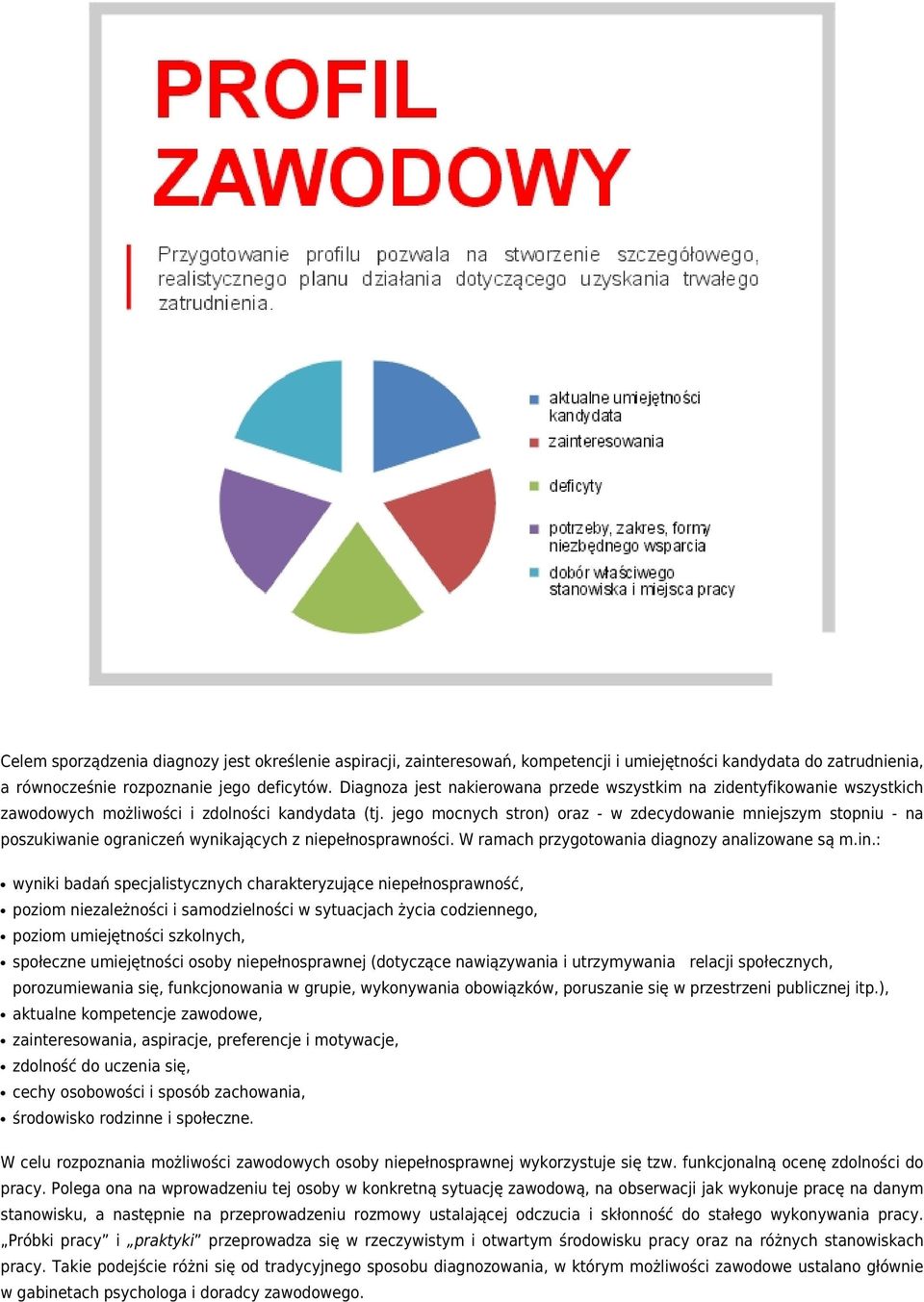 jego mocnych stron) oraz - w zdecydowanie mniejszym stopniu - na poszukiwanie ograniczeń wynikających z niepełnosprawności. W ramach przygotowania diagnozy analizowane są m.in.