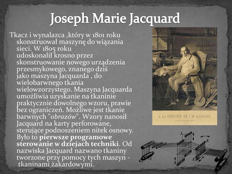 wielowzorzystego. Maszyna Jacquarda umożliwia uzyskanie na tkaninie praktycznie dowolnego wzoru, prawie bez ograniczeń.