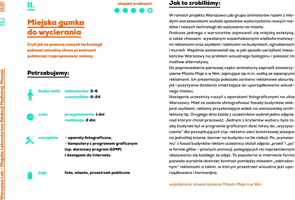 Potrzebujemy: liczba osób: animatorów: 2-6 czas: narzędzia: tagi: uczestników: 6-24 przygotowanie: 1 dni realizacja: 2 dni aparaty fotograficzne, komputery z programem graficznym (np.