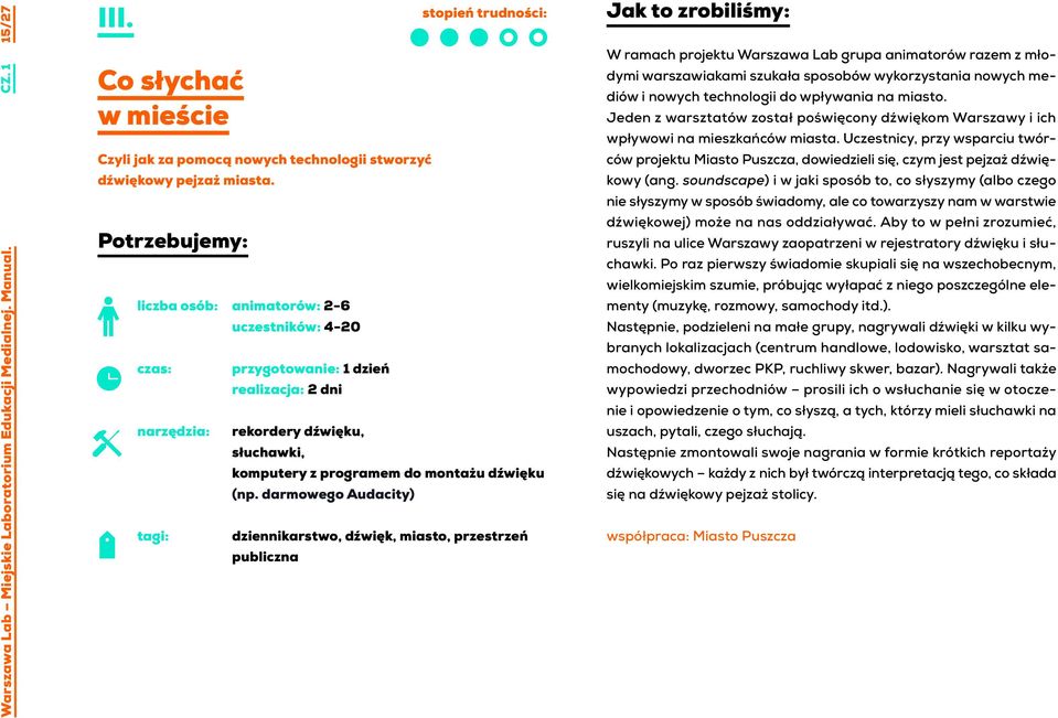darmowego Audacity) dziennikarstwo, dźwięk, miasto, przestrzeń publiczna stopień trudności: Jak to zrobiliśmy: W ramach projektu Warszawa Lab grupa animatorów razem z młodymi warszawiakami szukała