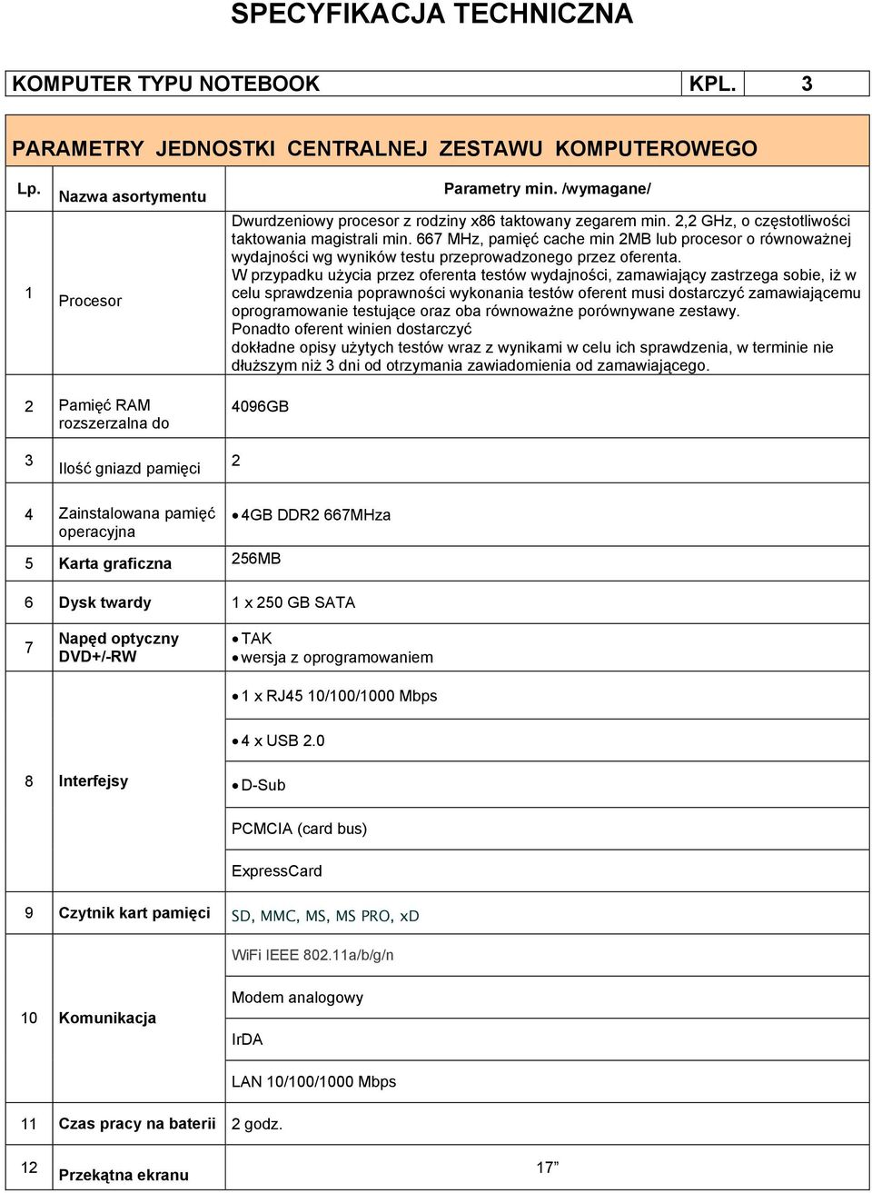 667 MHz, pamięć cache min 2MB lub procesor o równoważnej wydajności wg wyników testu przeprowadzonego przez oferenta.