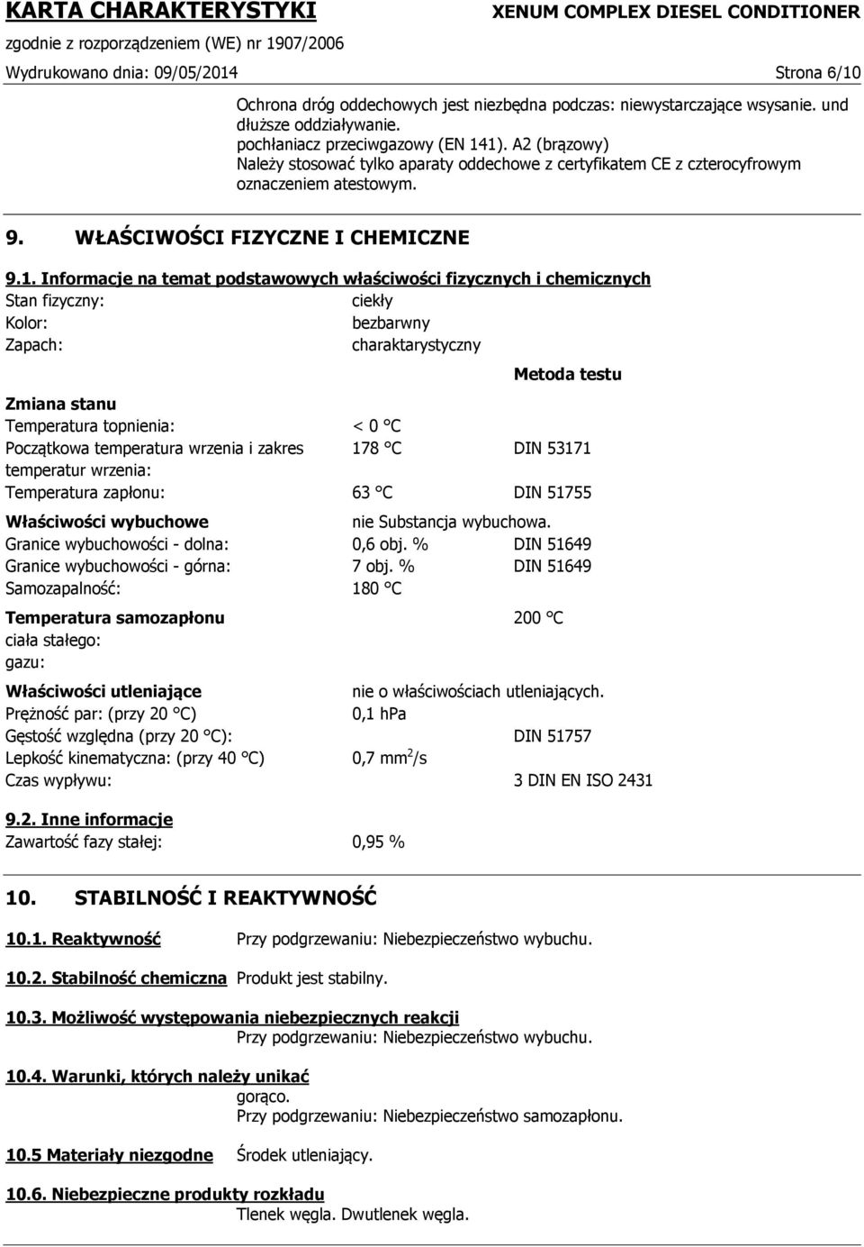 Informacje na temat podstawowych właściwości fizycznych i chemicznych Stan fizyczny: ciekły Kolor: bezbarwny Zapach: charaktarystyczny Metoda testu Zmiana stanu Temperatura topnienia: < 0 C