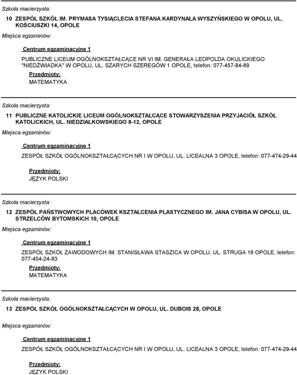 NIEDZIAŁKOWSKIEGO 8-12, OPOLE 12 ZESPÓŁ PAŃSTWOWYCH PLACÓWEK KSZTAŁCENIA PLASTYCZNEGO IM. JANA CYBISA W OPOLU, UL.