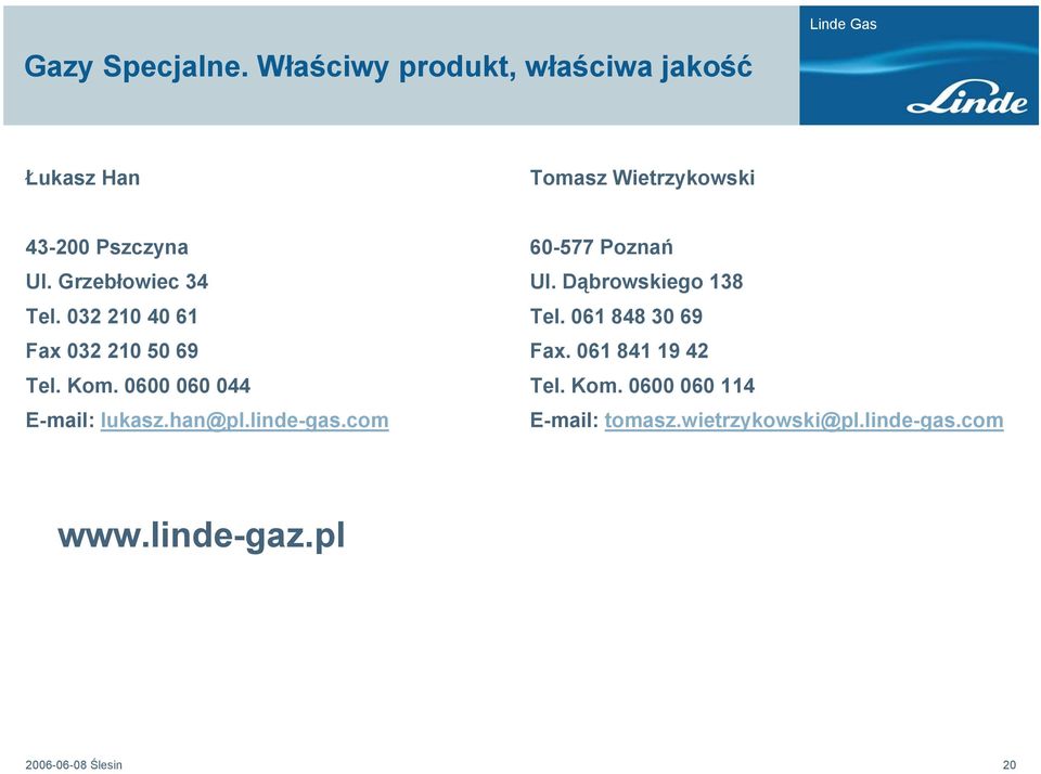 Grzebłowiec 34 Tel. 032 210 40 61 Fax 032 210 50 69 Tel. Kom. 0600 060 044 E-mail: lukasz.han@pl.