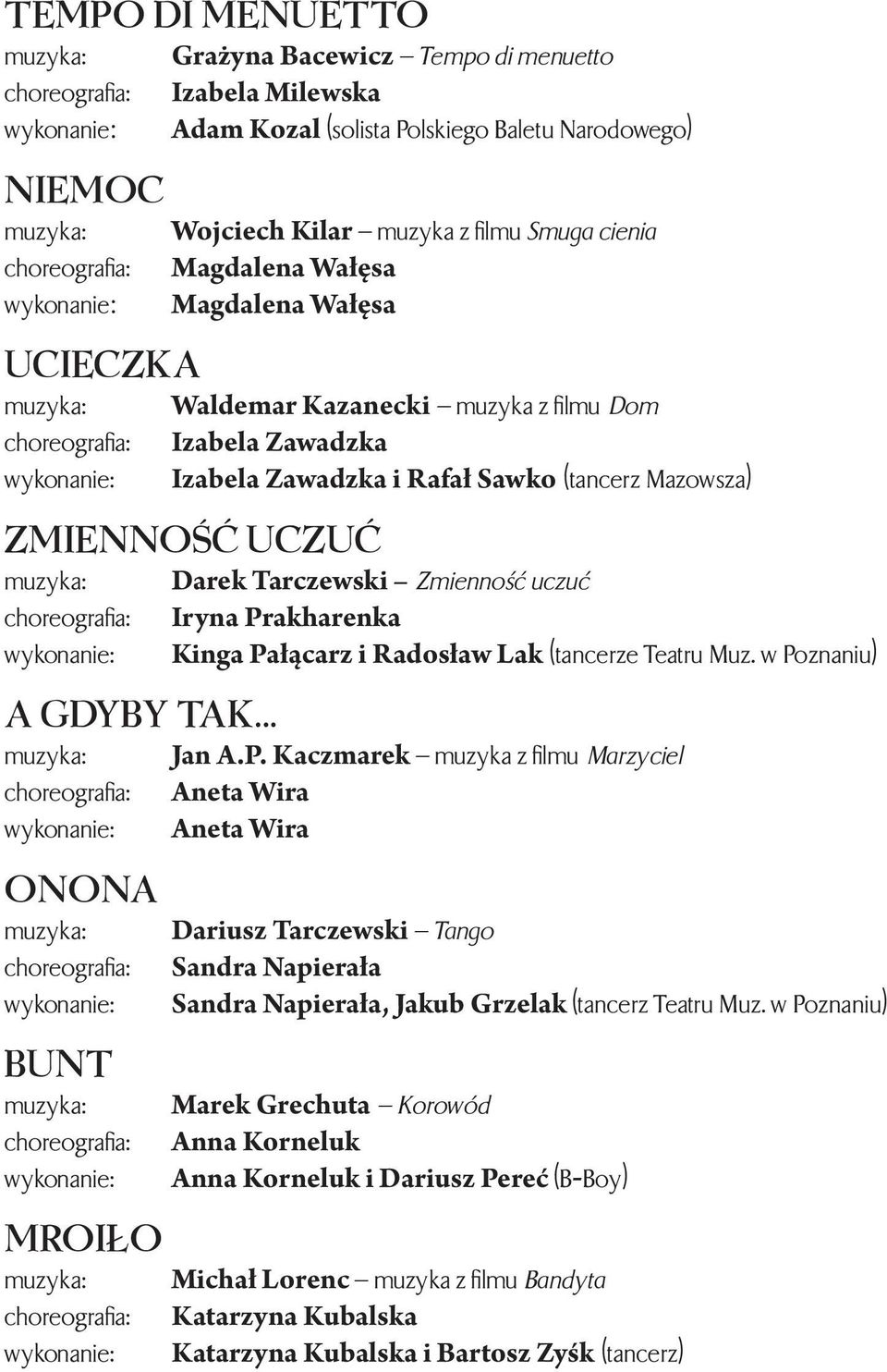 Pałącarz i Radosław Lak (tancerze Teatru Muz. w Poznaniu) A GDYBY TAK... Jan A.P. Kaczmarek muzyka z fi lmu Marzyciel Aneta Wira Aneta Wira ONONA BUNT Dariusz Tarczewski Tango Sandra Napierała Sandra Napierała, Jakub Grzelak (tancerz Teatru Muz.