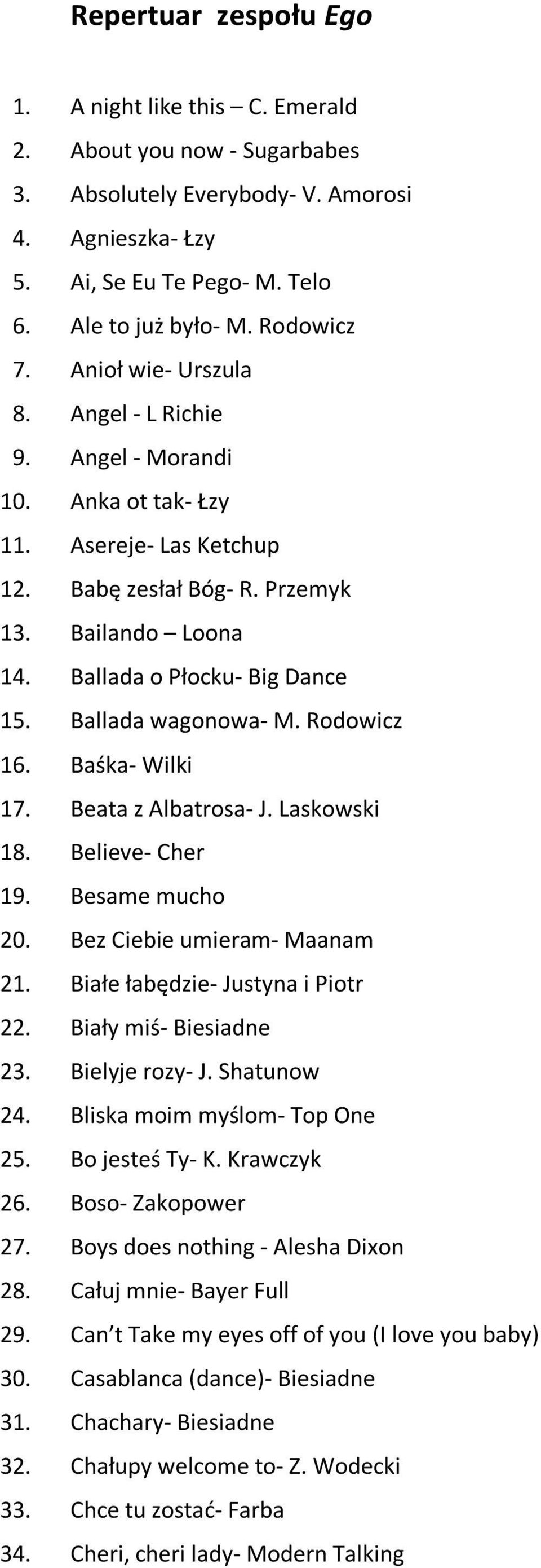 Ballada o Płocku- Big Dance 15. Ballada wagonowa- M. Rodowicz 16. Baśka- Wilki 17. Beata z Albatrosa- J. Laskowski 18. Believe- Cher 19. Besame mucho 20. Bez Ciebie umieram- Maanam 21.