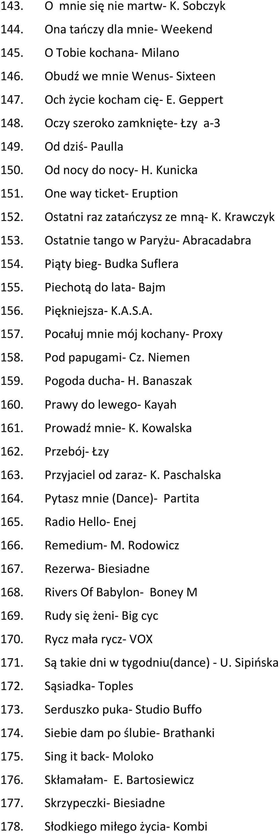 Ostatnie tango w Paryżu- Abracadabra 154. Piąty bieg- Budka Suflera 155. Piechotą do lata- Bajm 156. Piękniejsza- K.A.S.A. 157. Pocałuj mnie mój kochany- Proxy 158. Pod papugami- Cz. Niemen 159.