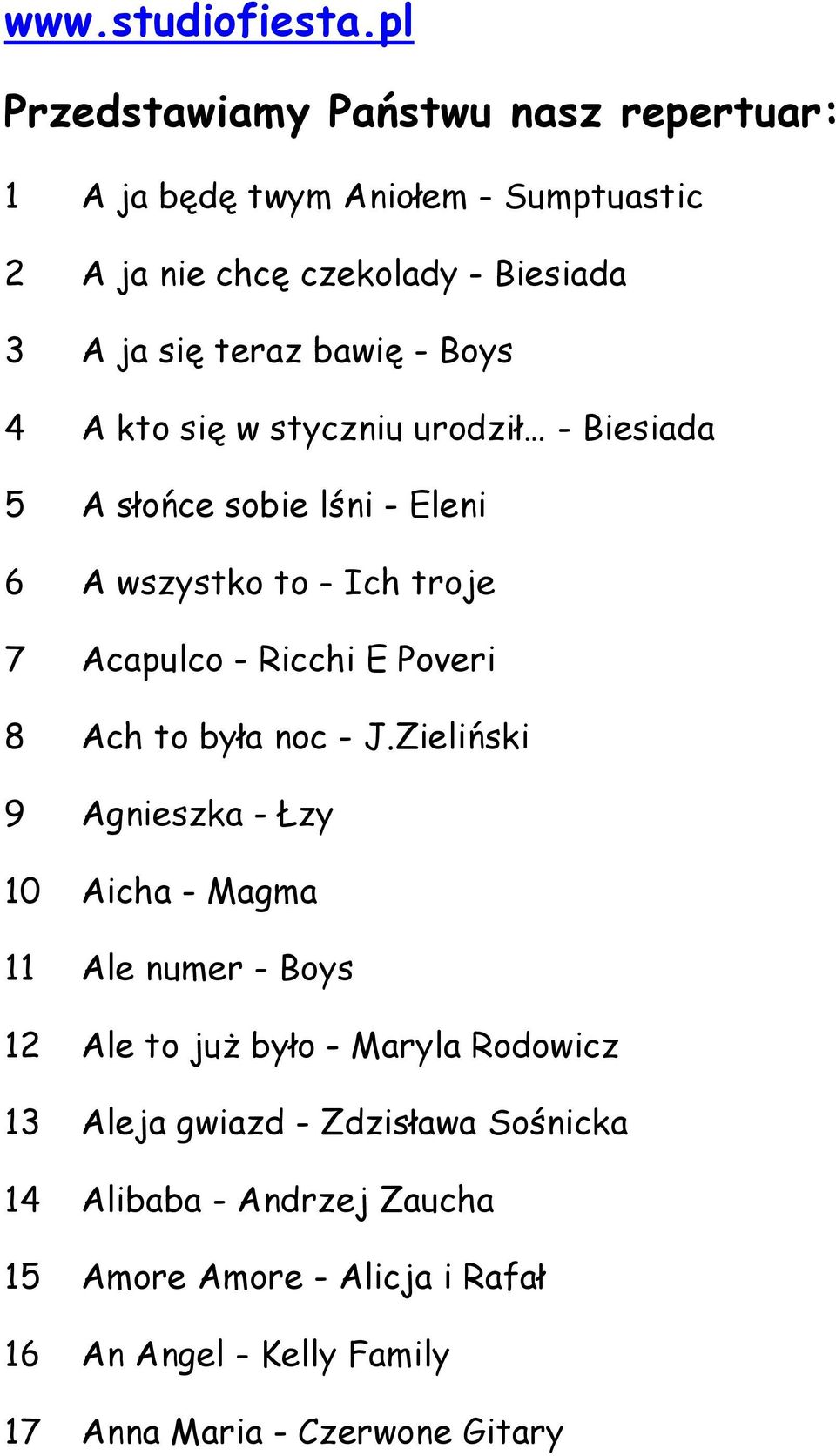 Boys 4 A kto się w styczniu urodził - Biesiada 5 A słońce sobie lśni - Eleni 6 A wszystko to - Ich troje 7 Acapulco - Ricchi E Poveri 8 Ach to