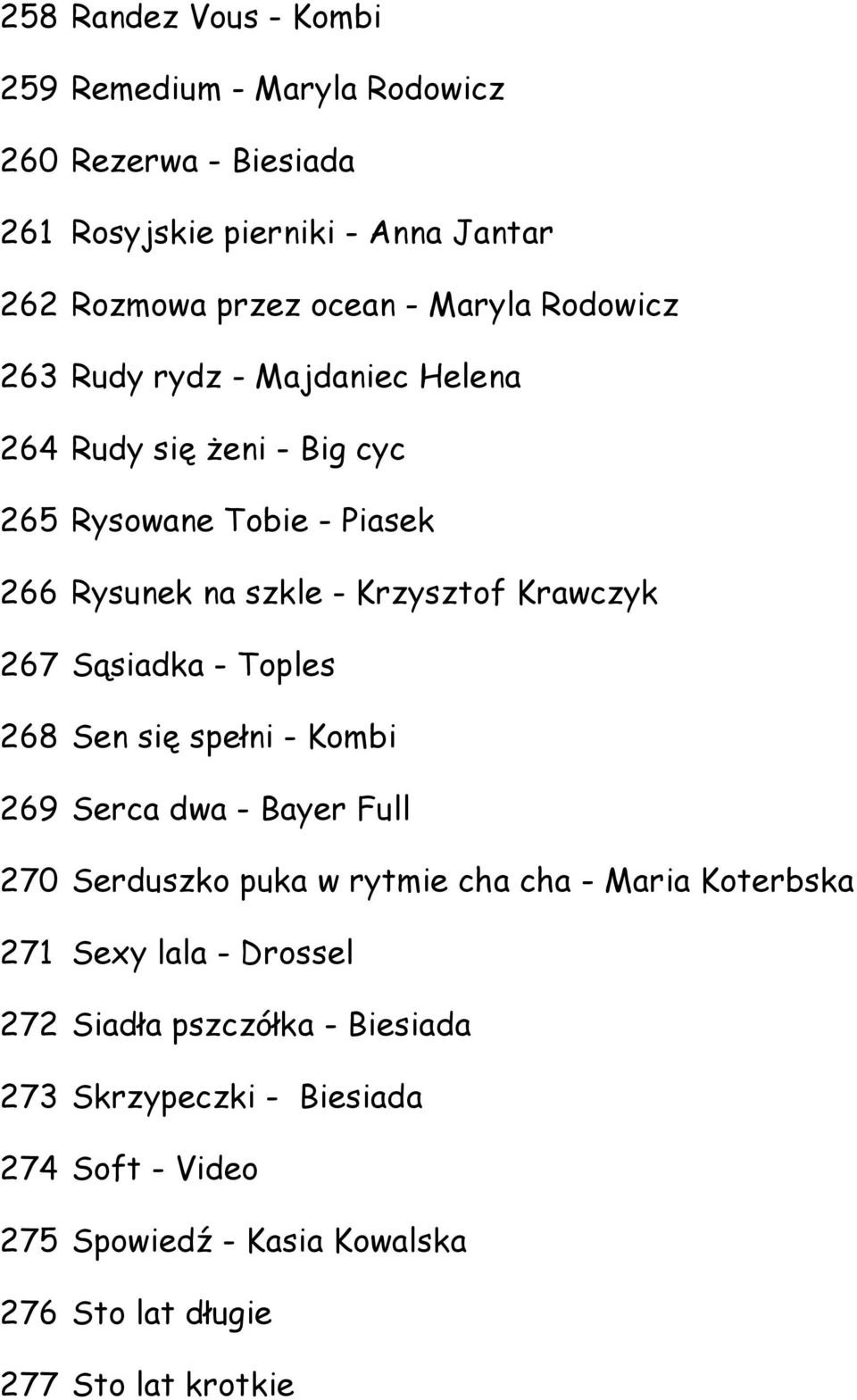 267 Sąsiadka - Toples 268 Sen się spełni - Kombi 269 Serca dwa - Bayer Full 270 Serduszko puka w rytmie cha cha - Maria Koterbska 271 Sexy lala -