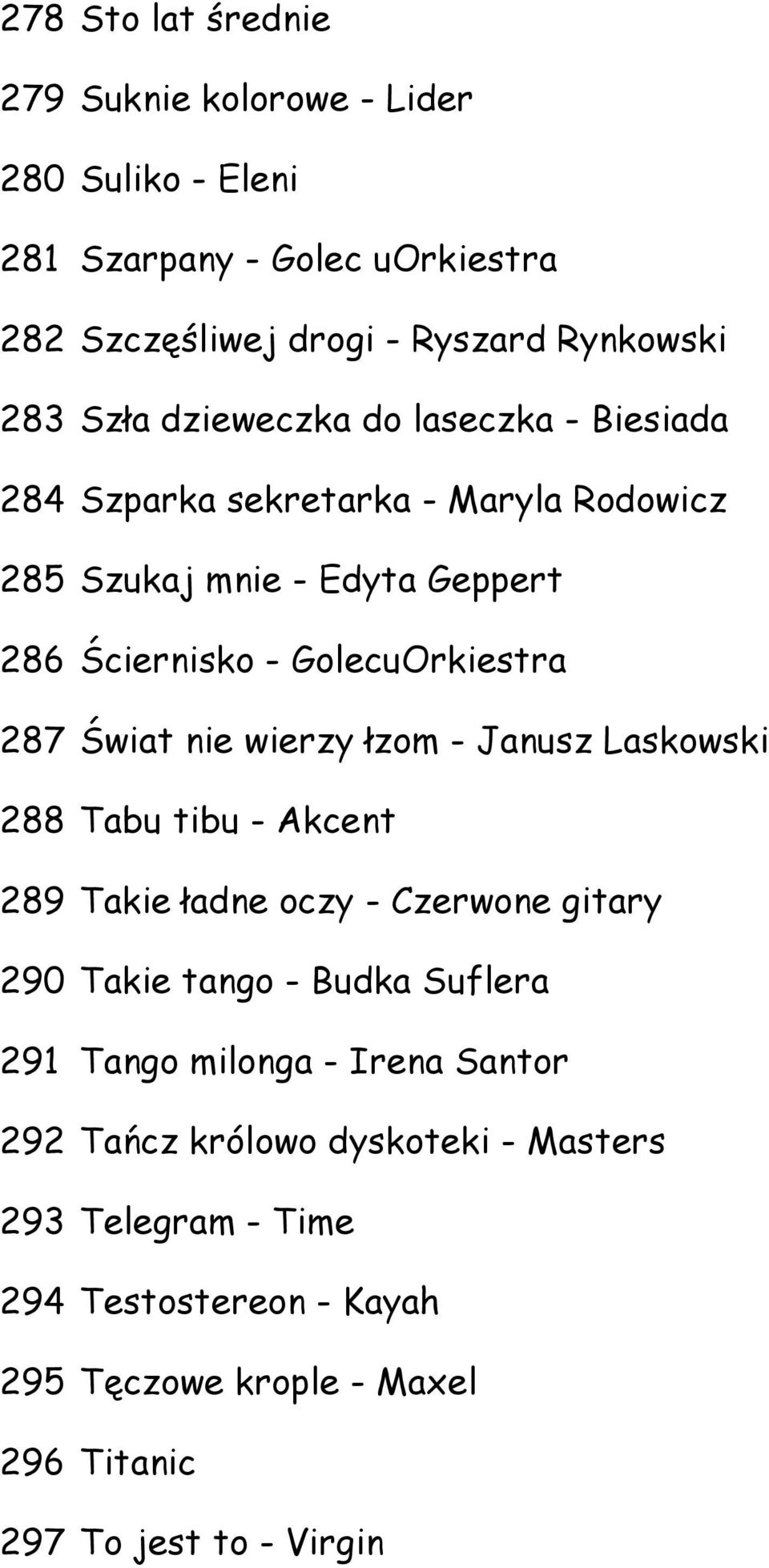 nie wierzy łzom - Janusz Laskowski 288 Tabu tibu - Akcent 289 Takie ładne oczy - Czerwone gitary 290 Takie tango - Budka Suflera 291 Tango milonga -