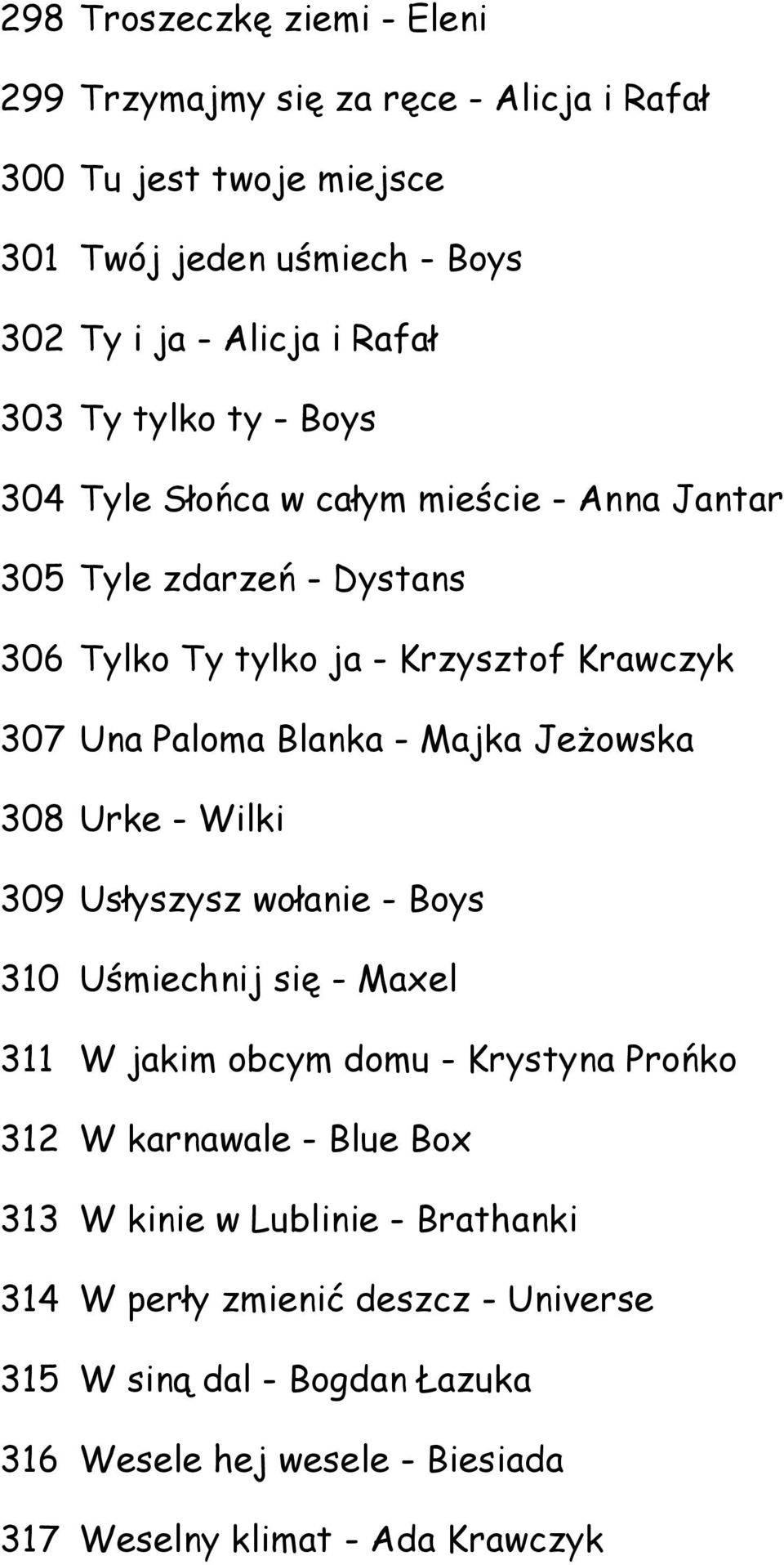Majka Jeżowska 308 Urke - Wilki 309 Usłyszysz wołanie - Boys 310 Uśmiechnij się - Maxel 311 W jakim obcym domu - Krystyna Prońko 312 W karnawale - Blue Box 313 W
