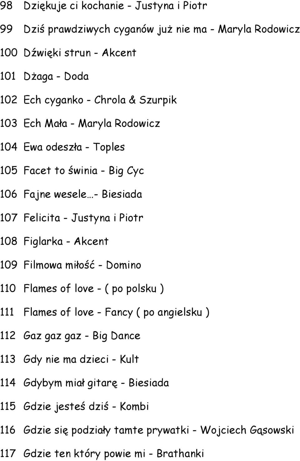 - Akcent 109 Filmowa miłość - Domino 110 Flames of love - ( po polsku ) 111 Flames of love - Fancy ( po angielsku ) 112 Gaz gaz gaz - Big Dance 113 Gdy nie ma dzieci -