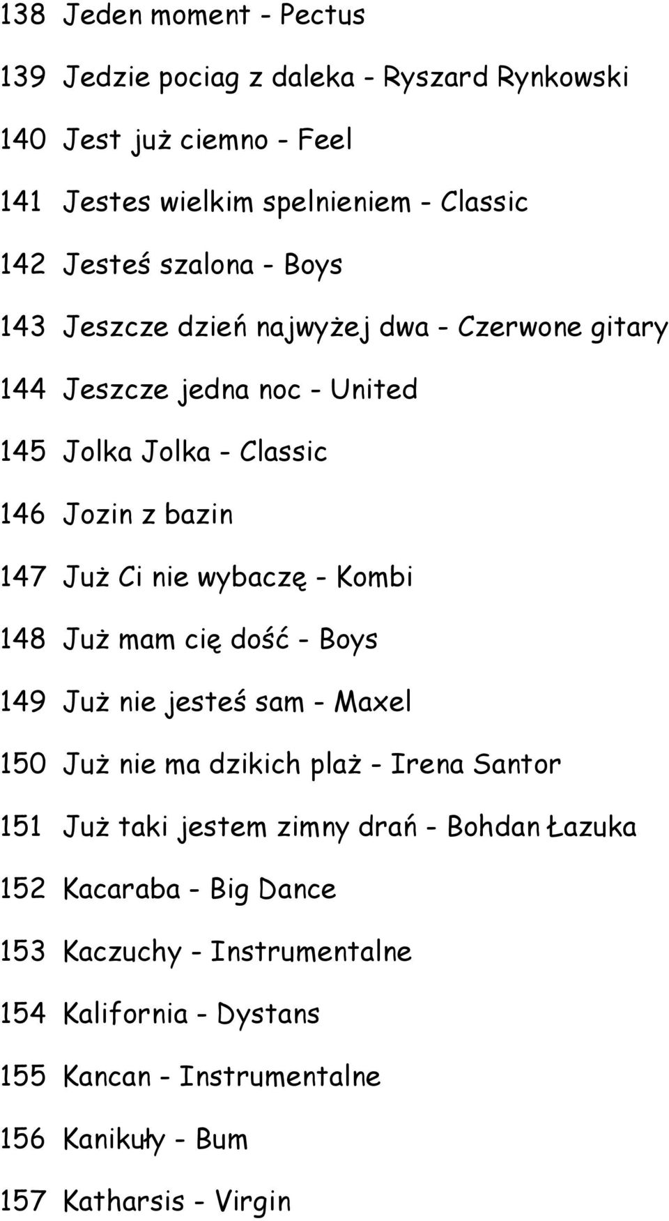 wybaczę - Kombi 148 Już mam cię dość - Boys 149 Już nie jesteś sam - Maxel 150 Już nie ma dzikich plaż - Irena Santor 151 Już taki jestem zimny drań -