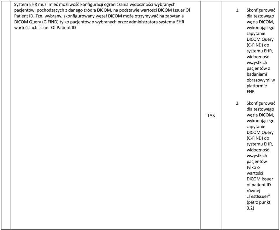 Skonfigurować dla testowego węzła DICOM, wykonującego zapytanie DICOM Query (C-FIND) do systemu EHR, widoczność wszystkich pacjentów z badaniami obrazowymi w platformie EHR 2.