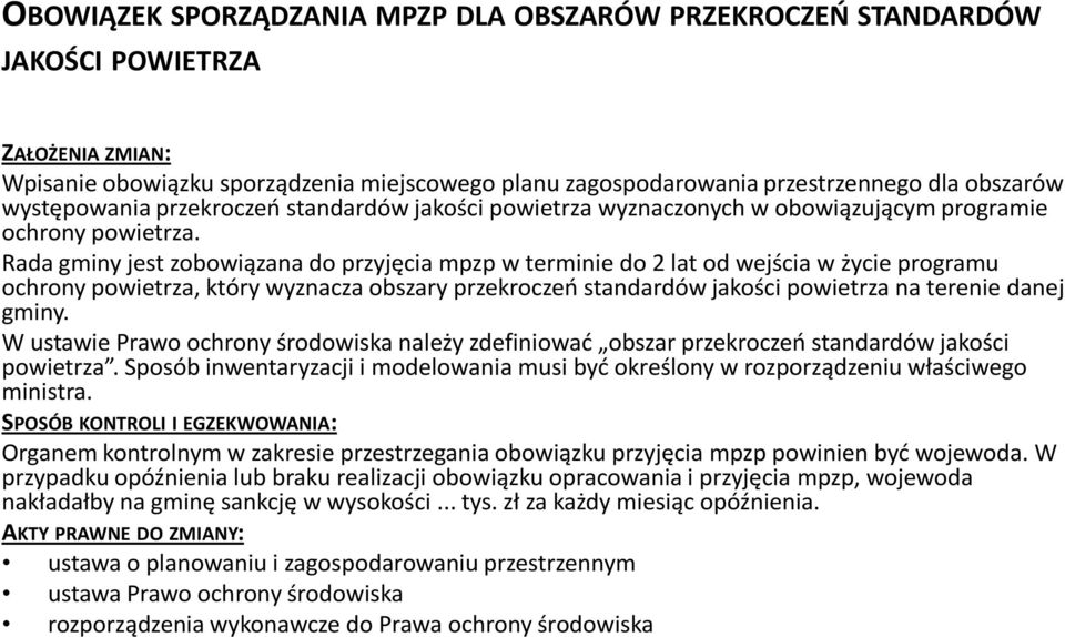 Rada gminy jest zobowiązana do przyjęcia mpzp w terminie do 2 lat od wejścia w życie programu ochrony powietrza, który wyznacza obszary przekroczeń standardów jakości powietrza na terenie danej gminy.