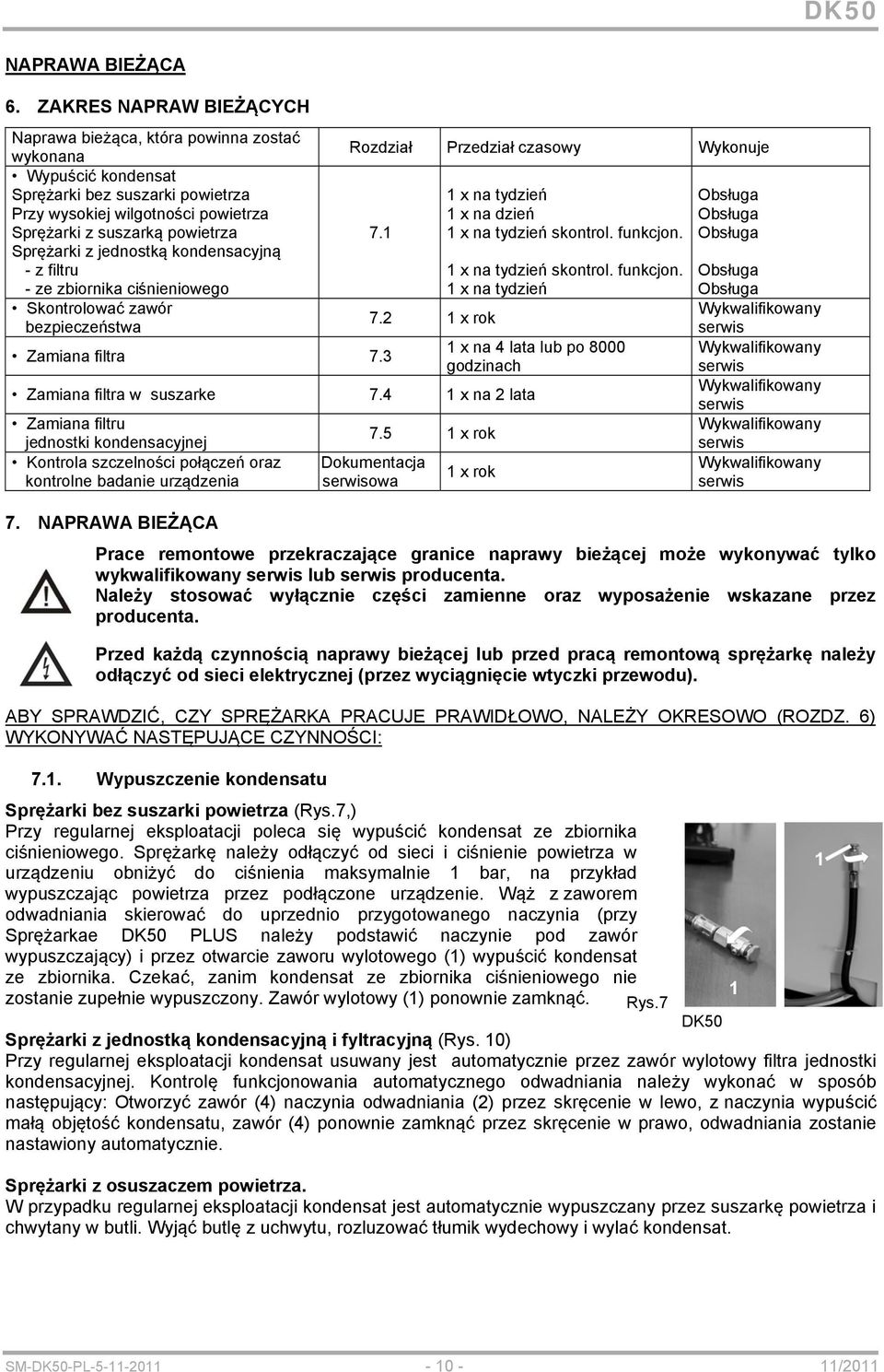 z jednostką kondensacyjną - z filtru - ze zbiornika ciśnieniowego Skontrolować zawór bezpieczeństwa Rozdział Przedział czasowy Wykonuje 7.1 Zamiana filtra 7.3 7.