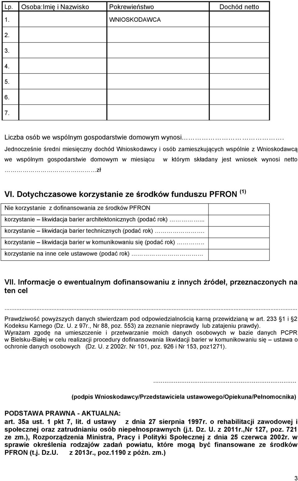 Dotychczasowe korzystanie ze środków funduszu PFRON (1) Nie korzystanie z dofinansowania ze środków PFRON korzystanie likwidacja barier architektonicznych (podać rok).