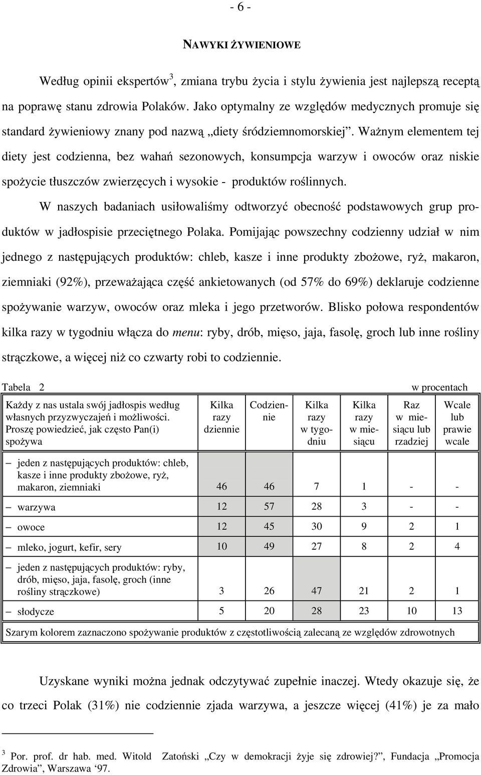 Ważnym elementem tej diety jest codzienna, bez wahań sezonowych, konsumpcja warzyw i owoców oraz niskie spożycie tłuszczów zwierzęcych i wysokie - produktów roślinnych.