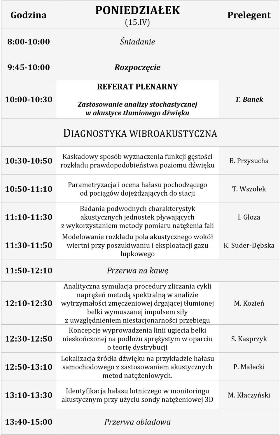 Banek 10:30-10:50 10:50-11:10 11:10-11:30 11:30-11:50 Kaskadowy sposób wyznaczenia funkcji gęstości rozkładu prawdopodobieństwa poziomu dźwięku Parametryzacja i ocena hałasu pochodzącego od pociągów
