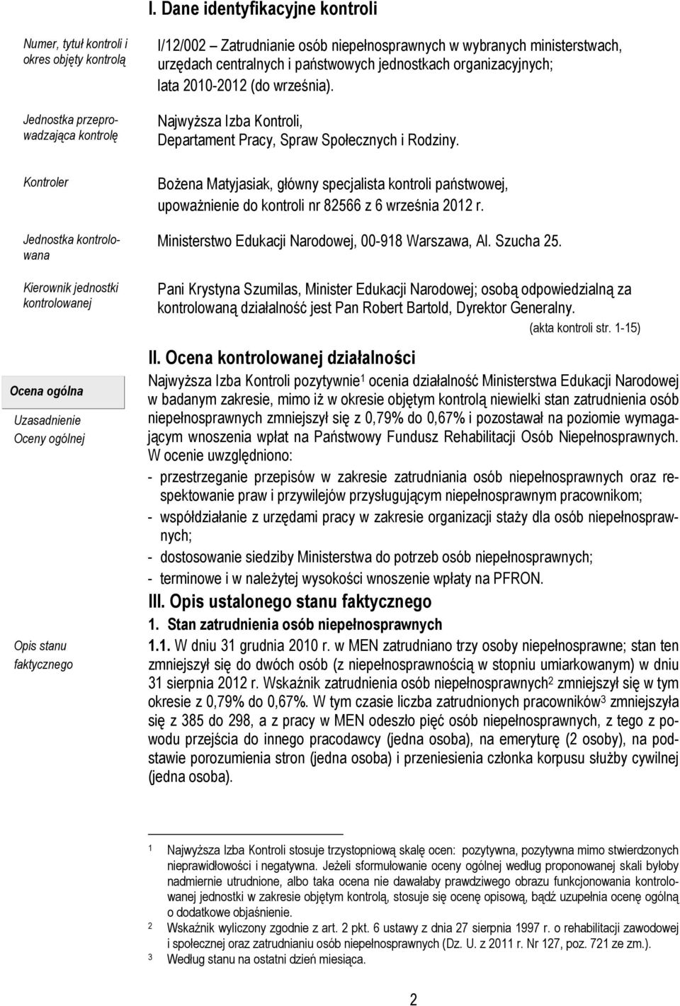 września). Najwyższa Izba Kontroli, Departament Pracy, Spraw Społecznych i Rodziny. Bożena Matyjasiak, główny specjalista kontroli państwowej, upoważnienie do kontroli nr 82566 z 6 września 2012 r.