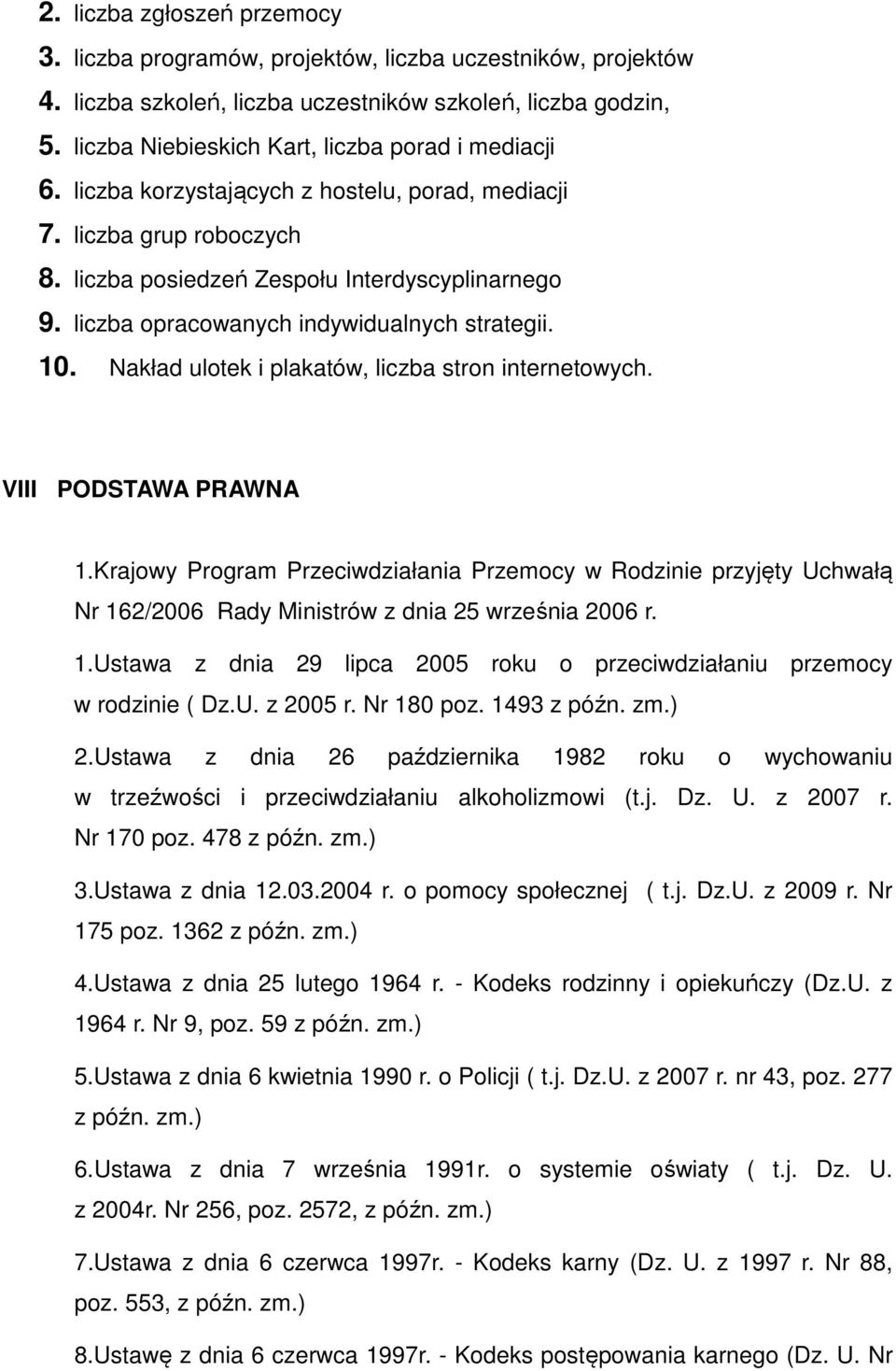 liczba opracowanych indywidualnych strategii. 10. Nakład ulotek i plakatów, liczba stron internetowych. VIII PODSTAWA PRAWNA 1.