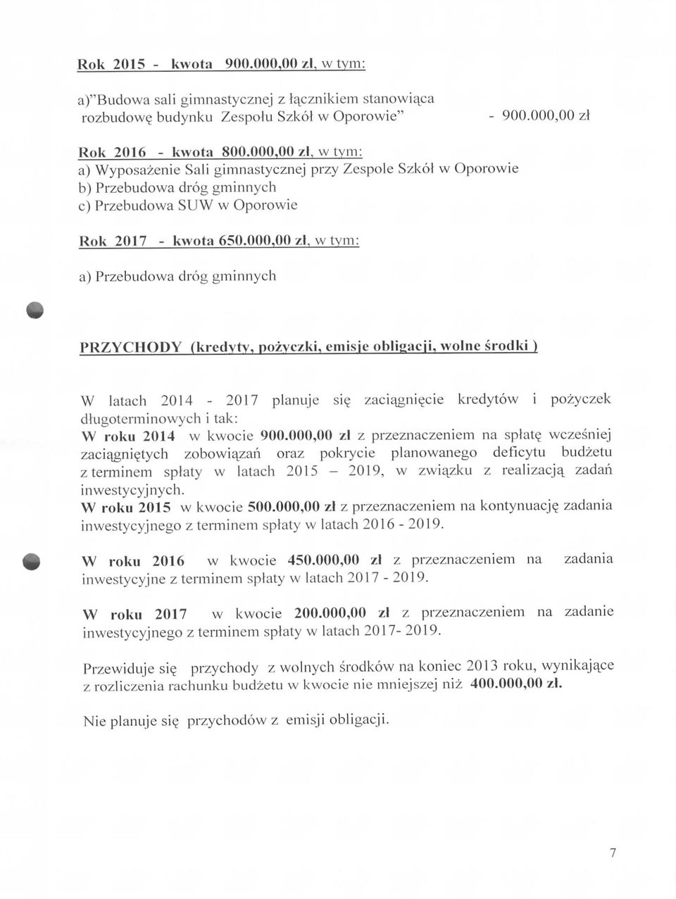 000,00 zl, wtym: a) Przebudowa drog gminnych PRZYCHODY (krcdyty, pozyczki, emisjc obligacii, wolnc srodki ) W latach 2014-2017 planuje si?